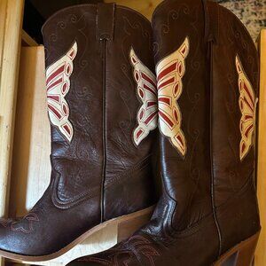 EUC Dingo Women's Brown Cowboy Boots Red Butterfly Inlay Leather size- 8.5